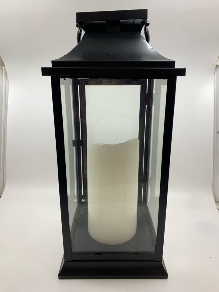 TALL METAL CANDLE LANTERN W/ FAUX CANDLE.