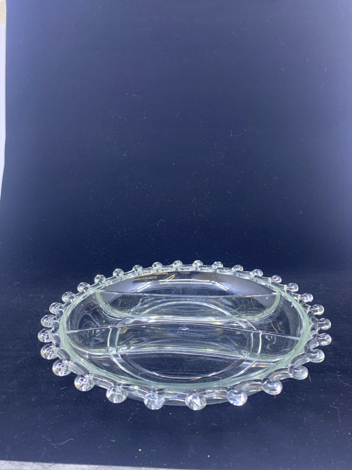 3 DIVIDED CLEAR GLASS DISH W/ BEADED EDGE.
