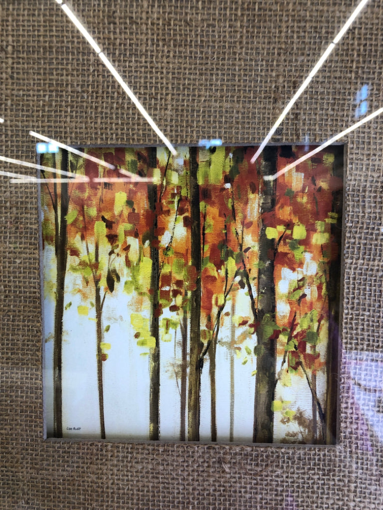 ABSTRACT TREES W RED/ORANGE LEAVES IN BLACK FRAME WALL ART.