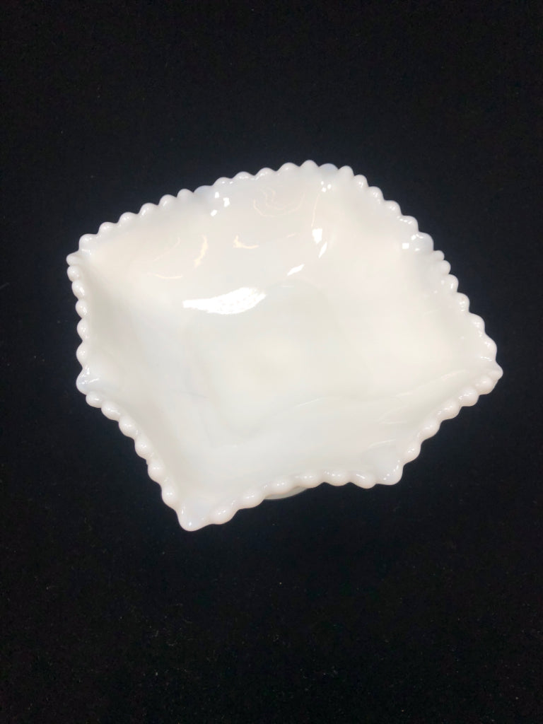 VTG MILK GLASS PEDESTAL CANDY DISH W/SAWTOOTH EDGE.