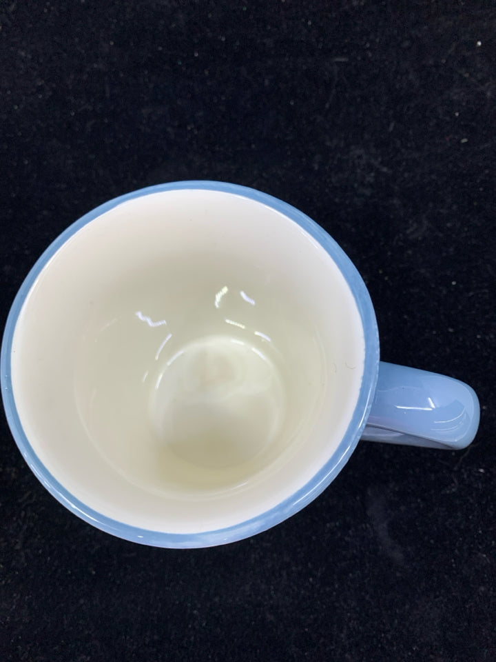 SNOWMEN ON SLEDS BLUE MUG.