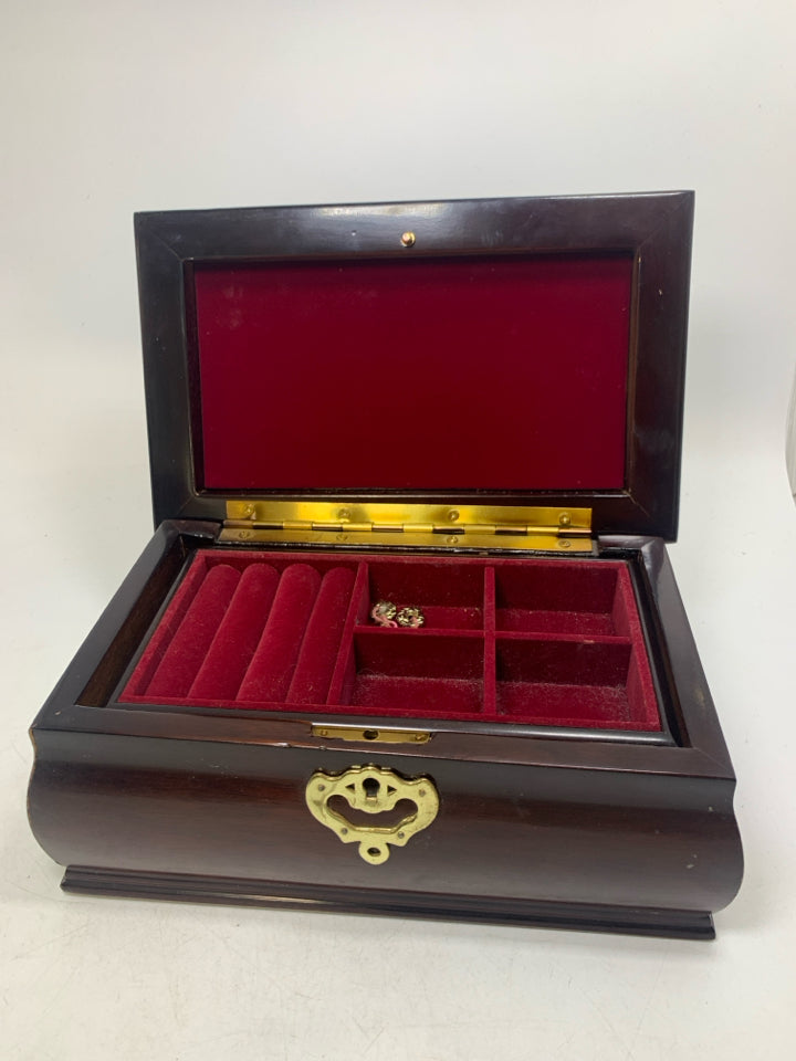 VTG WOOD JEWELRY BOX W/ GOLD HARDWARE LOCK/KEY- MINOR WEAR.