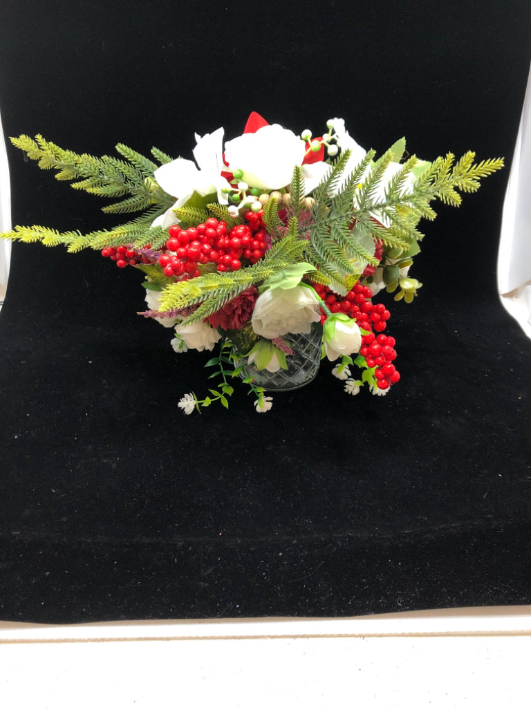 FAUX WHITE AND RED BERRY BOUQUET IN LIGHT UP JAR.