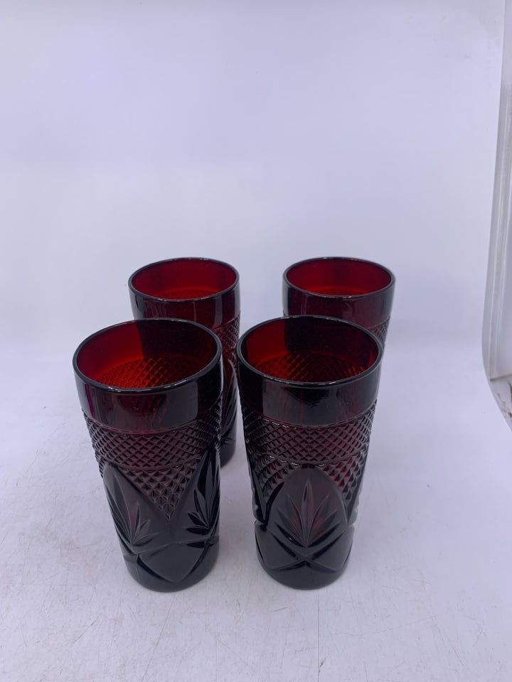 4 CUT GLASS CRANBERRY GLASSES.