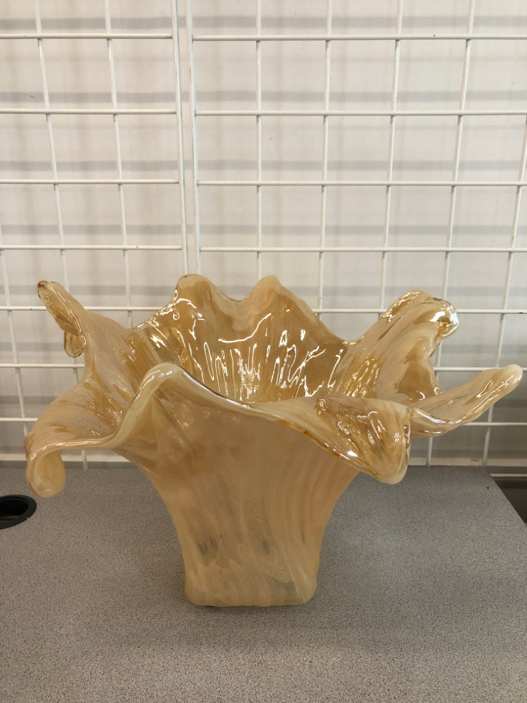 ORANGE SMOKEY GLASS VASE W/WAVY TEXTURE.