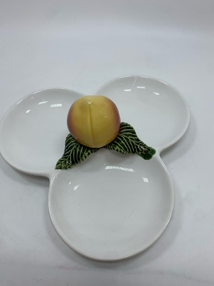 VTG CERAMIC DIVIDED SERVING DISH W/PEACH & GREEN LEAVES.