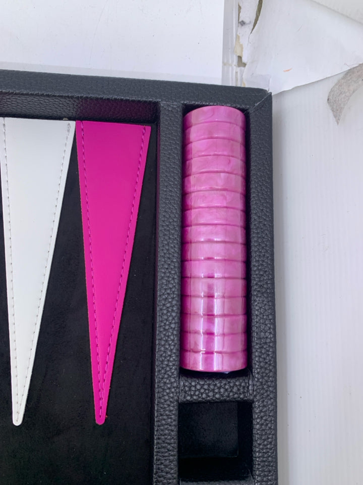 BLACK LEATHER CASE BACKGAMMON SET PINK/WHITE INTERIOR.