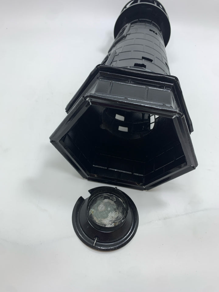 BLACK METAL LIGHTHOUSE TEA LIGHT HOLDER.