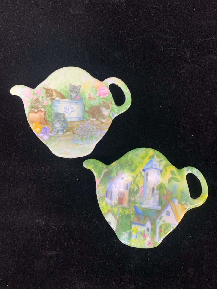 2 PC TEA BAG HOLDER CATS & BIRDHOUSE.
