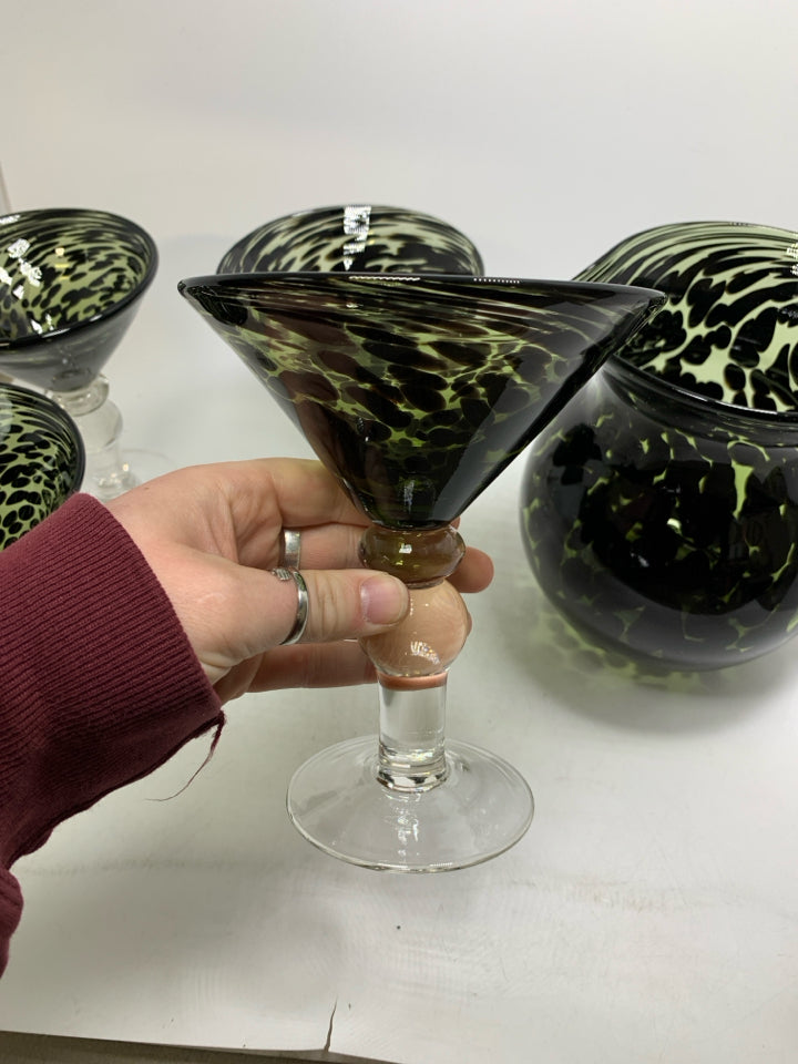 5 PC GREEN SPECKLED 4 MARTINI GLASSES & PITCHER.