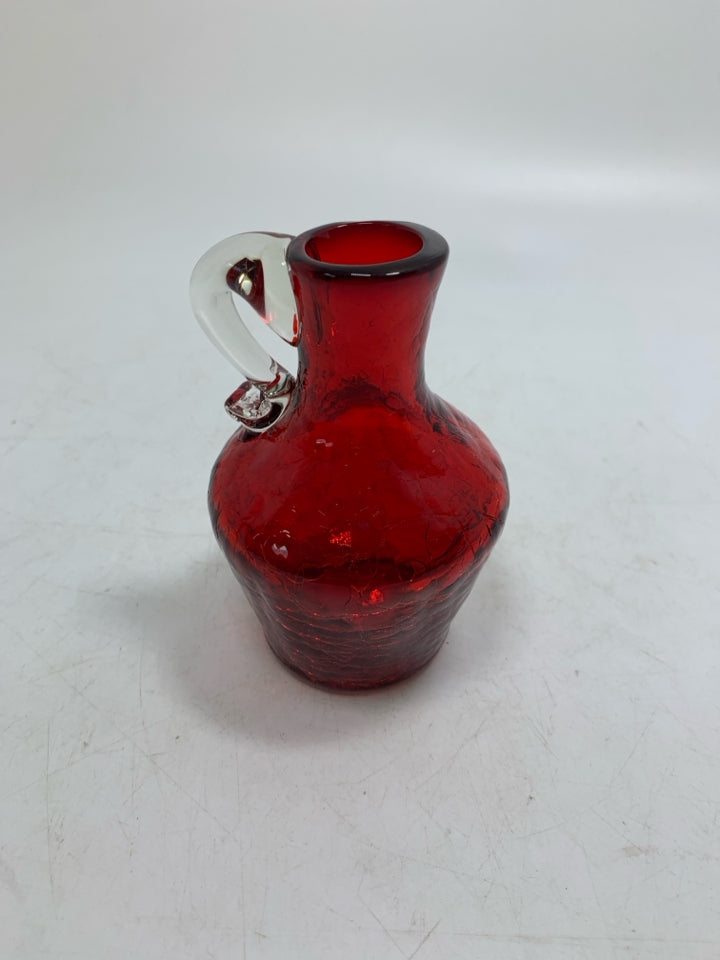 SMALL RED CRACKLE GLASS PITCHER.