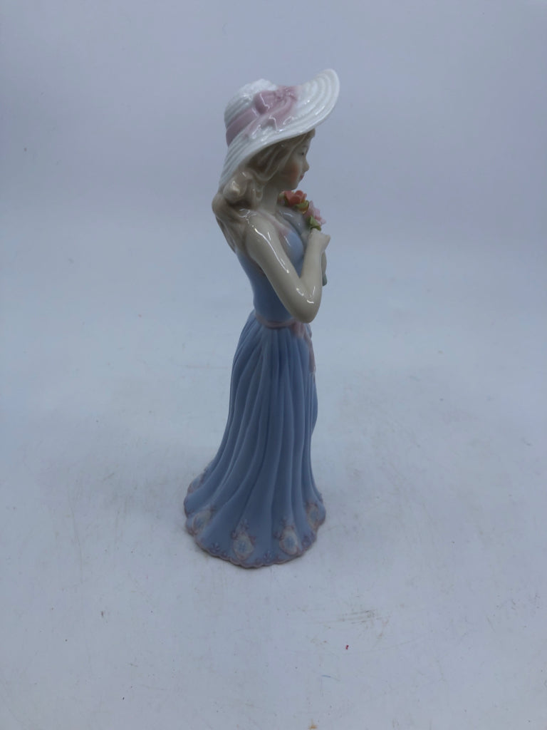 GIRL IN BLUE DRESS W FLORAL- GATHERING FLOWERS.