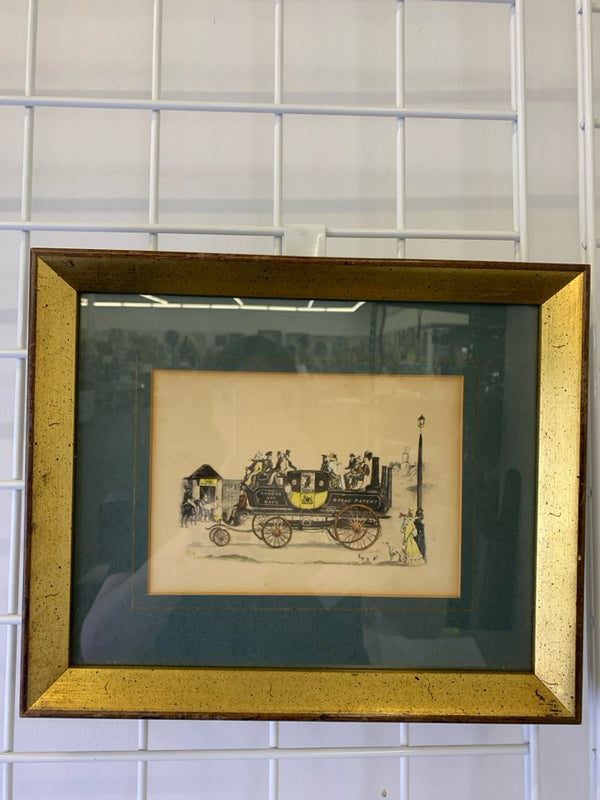 VTG CARRIAGE PRINT IN GOLD FRAME WALL HANGING.