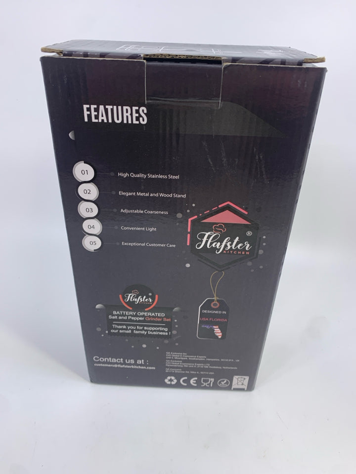NIB BATTERY OPERATED SALT & PEPPER GRINDER SET FLAFSTER.
