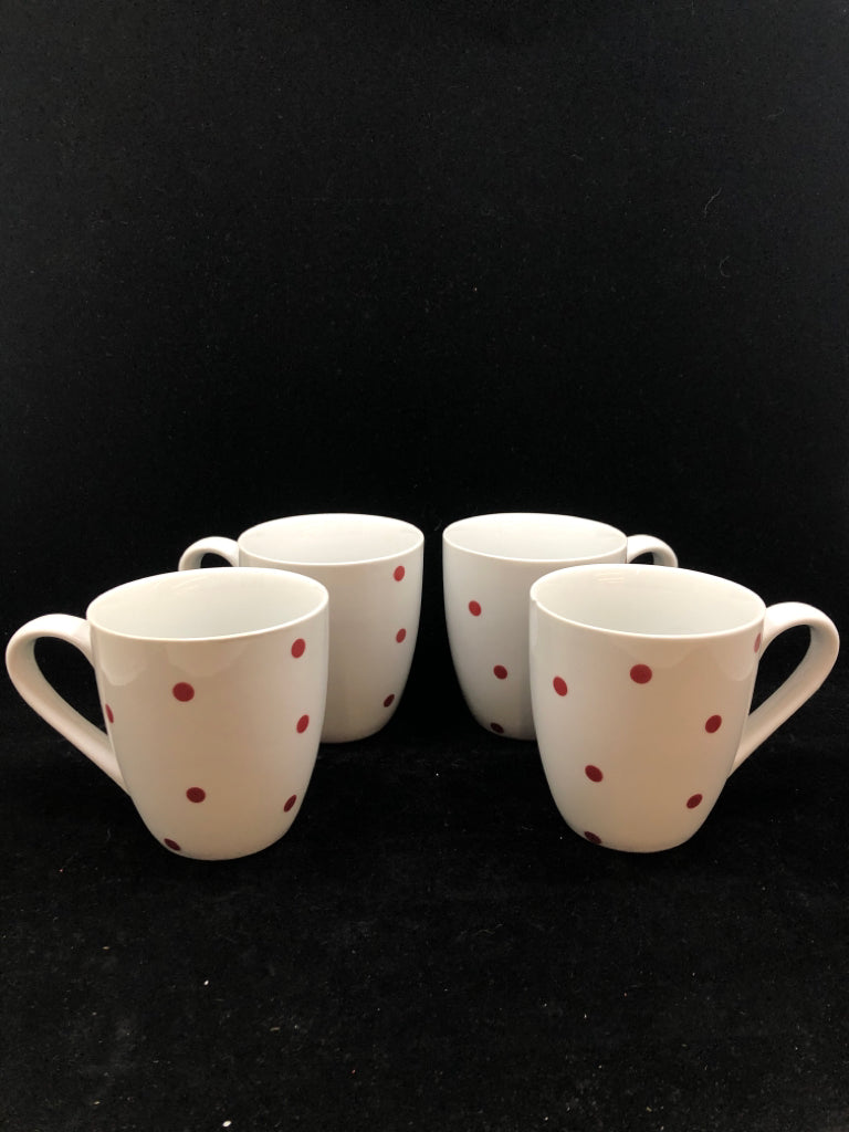 4 WHITE W/ RED POLKA DOT MUGS.