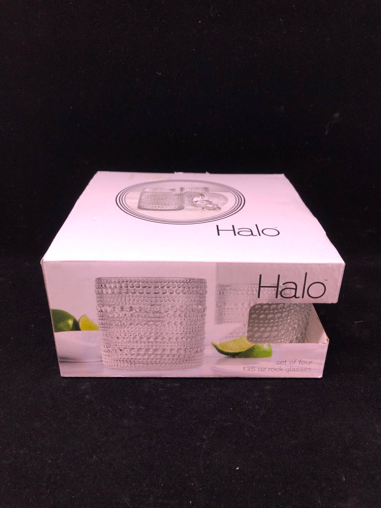 4 NIB HALO CRYSTAL ROCK GLASSES.