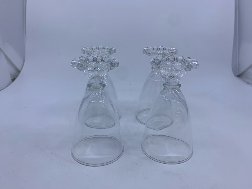 4 VTG GLASS BEAD BOTTOM FOOTED GLASSES.