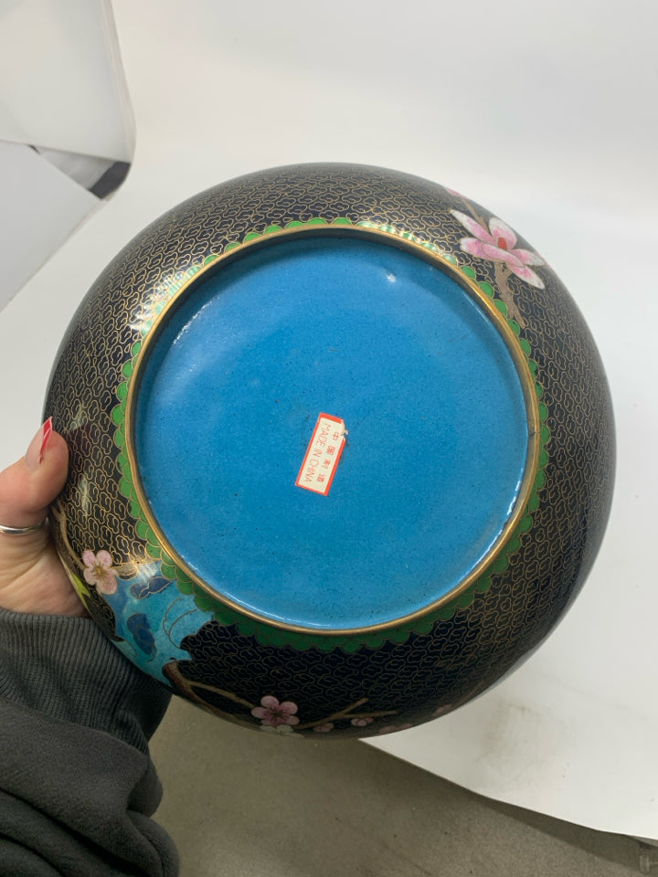VTG ASIAN STYLE CLOISONNE HEAVY ENAMEL/METAL BOWL W/ STAND.