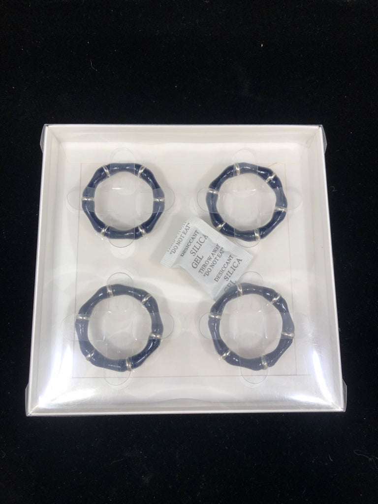 NIP 4PC ENAMEL BLUE&SILVER BAMBOO NAPKIN RING SET.
