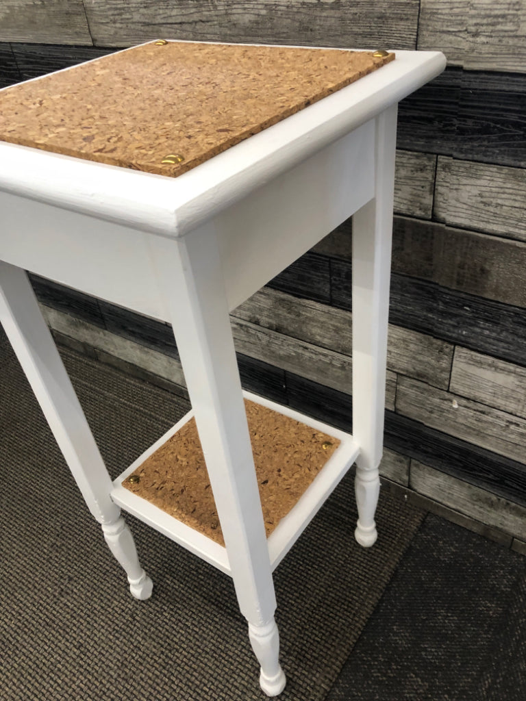 TALL 2-TIER WHITE SIDE TABLE W/CORK TOP.