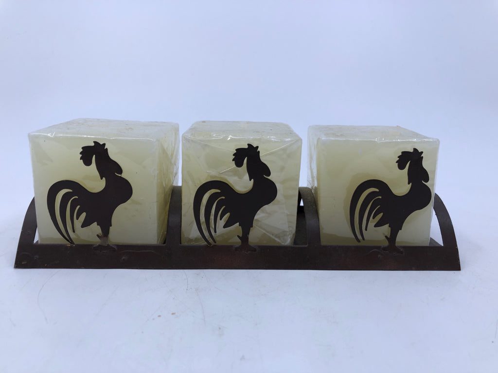 NIP SQUARE CANDLE W METAL ROOSTER HOLDER.