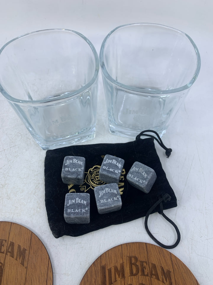 5 PC JIM BEAM GLASSWARE SET W/ COASTERS/WHISKEY STONES IN BAG.