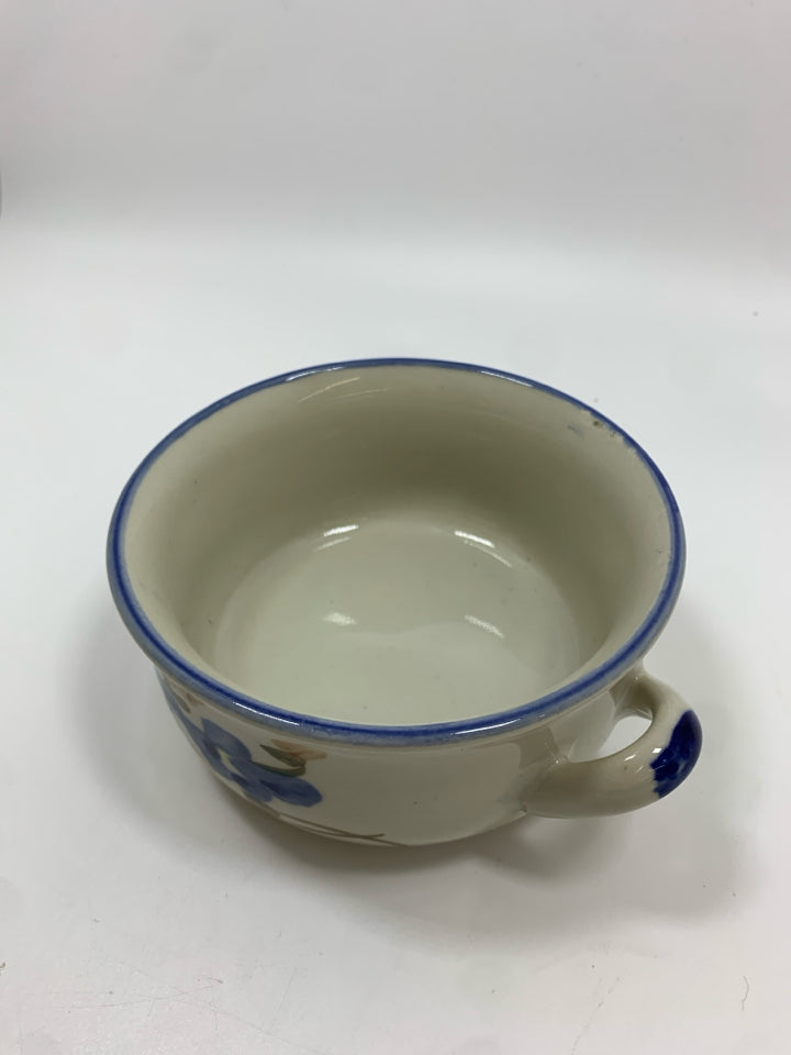 SVC FOR 7 VTG BLUE FLORAL DOUBLE HANDED STONEWARE SOUP BOWL W/SAUCER.