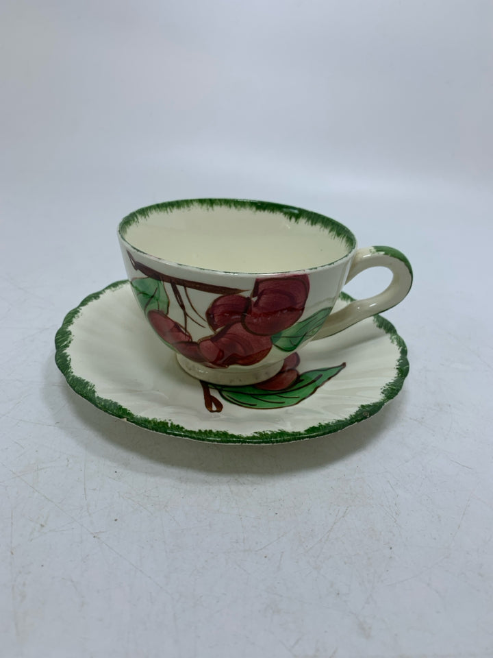 PAINTED CHERRIES W/ GREEN RIM TEA CUP/SAUCER.