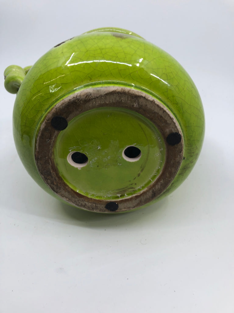 DISTRESSED LIME GREEN CERAMIC PLANTER CRACKLE DESIGN BRAIDED HANDLES.