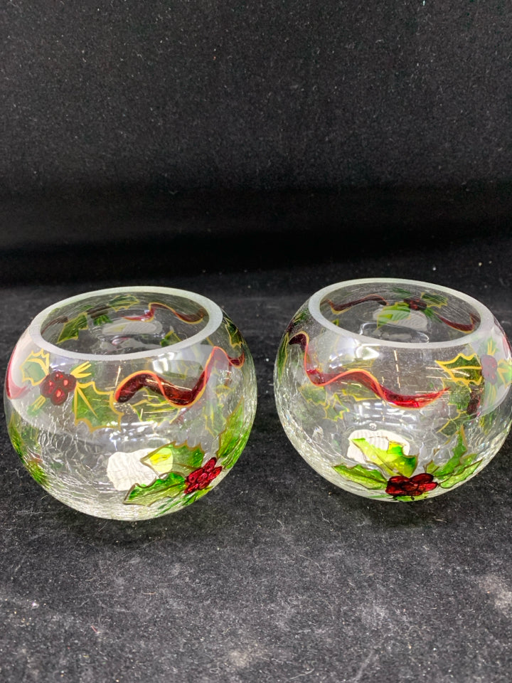 2 CLEAR CRACKLE GLASS VOTIVE CANDLE HOLDERS HOLLY AND RIBBON.