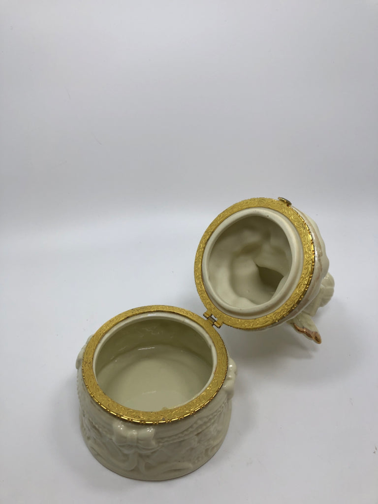 PORCELAIN ANGEL BOX W/GOLD TRIM.