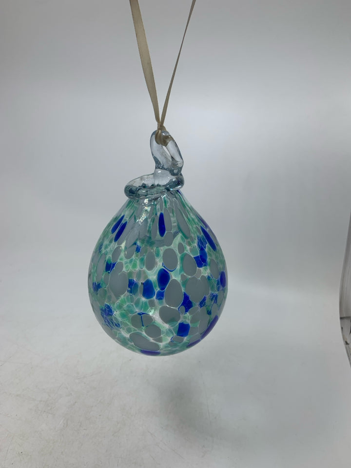 GREEN BLUE WHITE BLOWN GLASS HANGING TEAR DROP ORB.