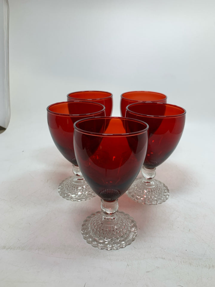 5 VTG BUBBLE FOOT RUBY RED JUICE GOBLETS.