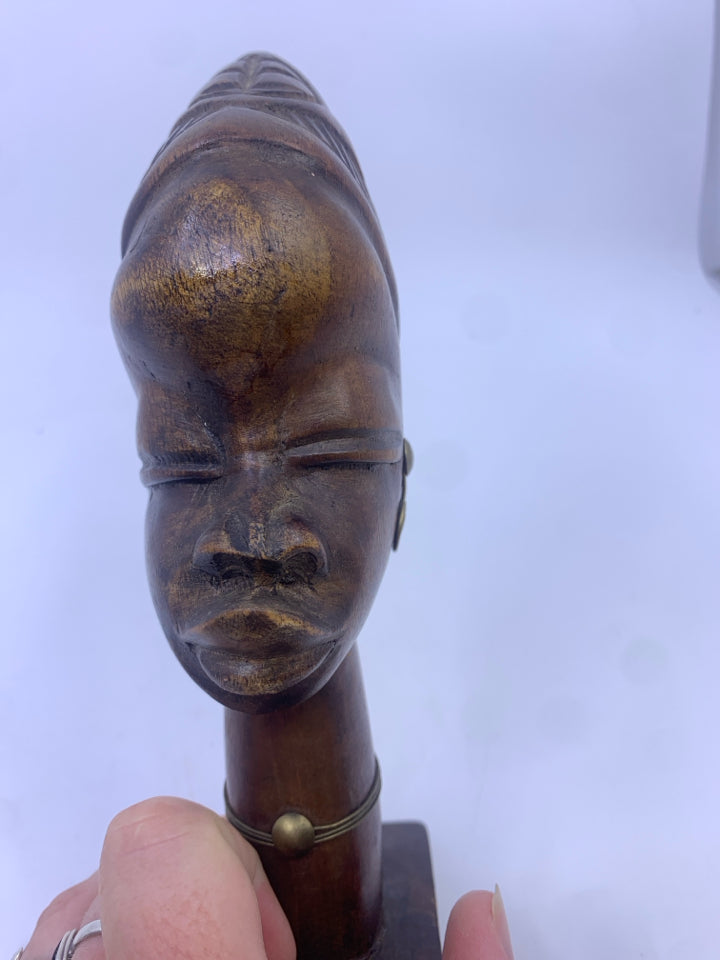 WOOD CARVED WOMAN ON STAND METAL ACCENTS MADE IN HAITI.