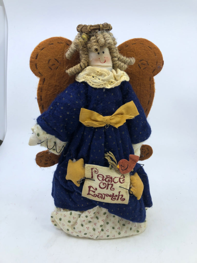 PLUSH PEACE ON EARTH ANGEL IN BLUE DRESS.