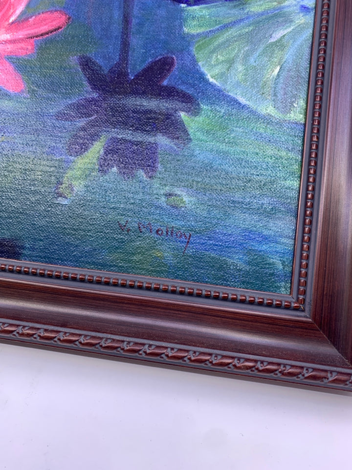LILY PAD & PINK FLOWER PAINTING IN WOOD FRAME.