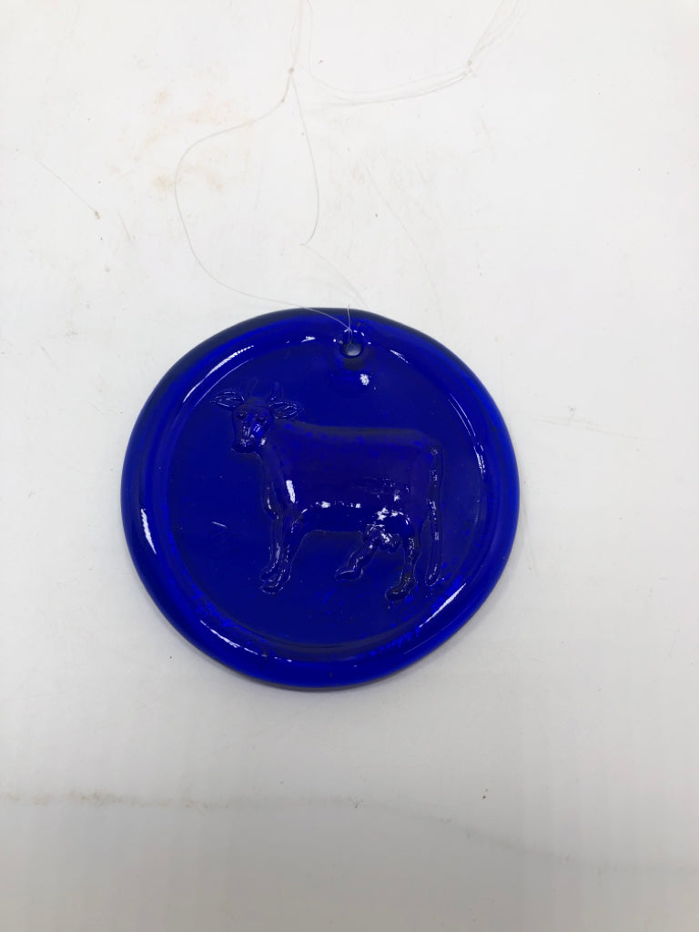 COW STAMPED COBALT BLUE GLASS DECOR.