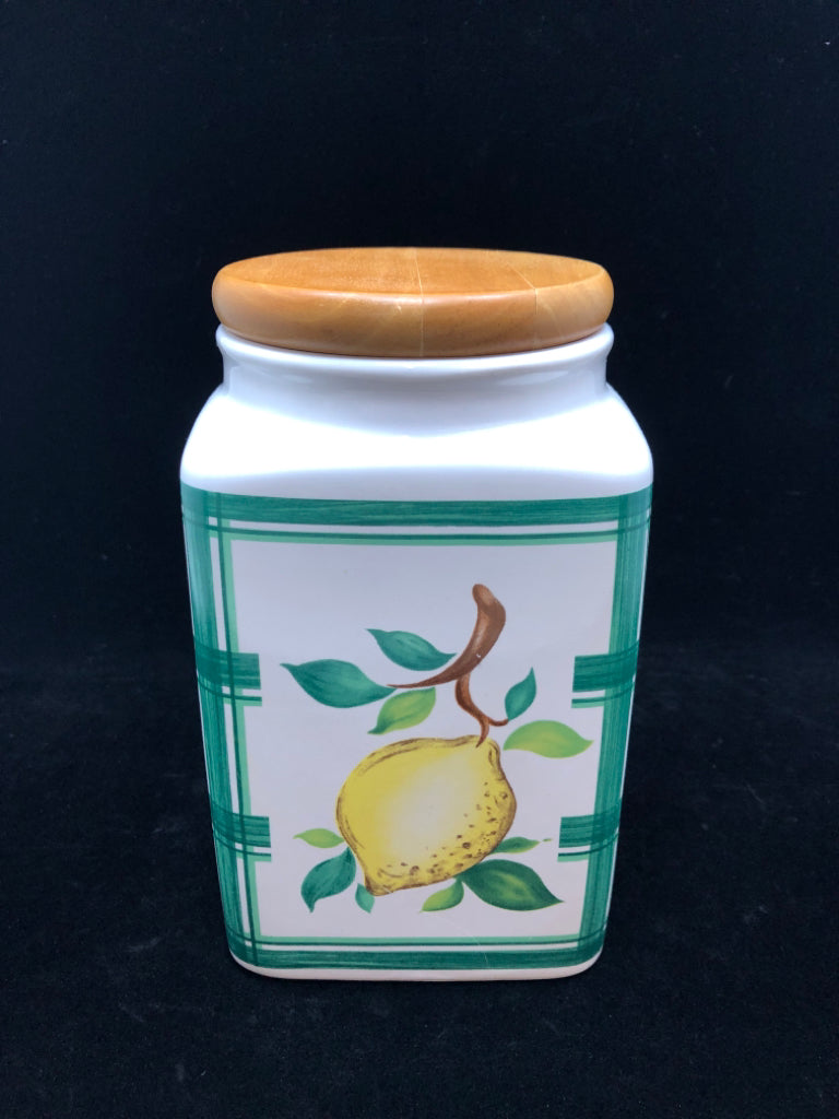 LEMON PAINTED GREEN PLAID CANISTER W/BAMBOO LID.