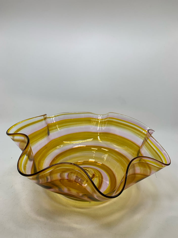 BLACK GLASS YELLOW/PINK THIN BOWL W/ RUFFLED EDGE.