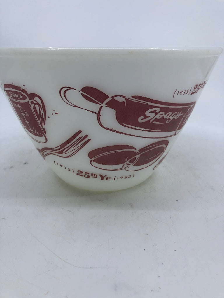 VTG 1960 25th ANNIVERSARYSPAG'S WHITE W/ ASSORTED MAROON KITCHEN UTENSILS.