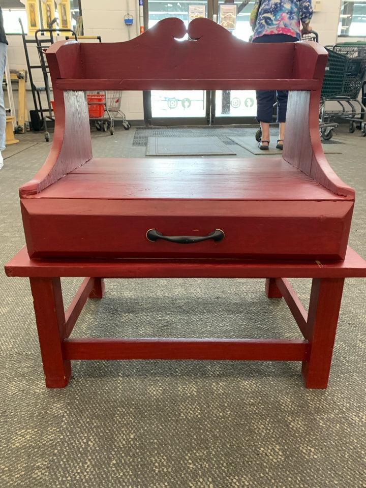 RED PAINTED WOOD TABLE WITH SHELF AND DRAWER.