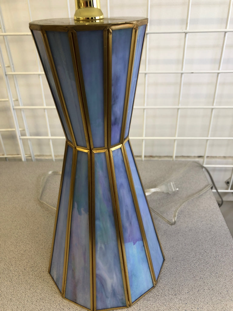 PEARLESCENT BLUE BASE LAMP W/WHITE SILK SHADE.