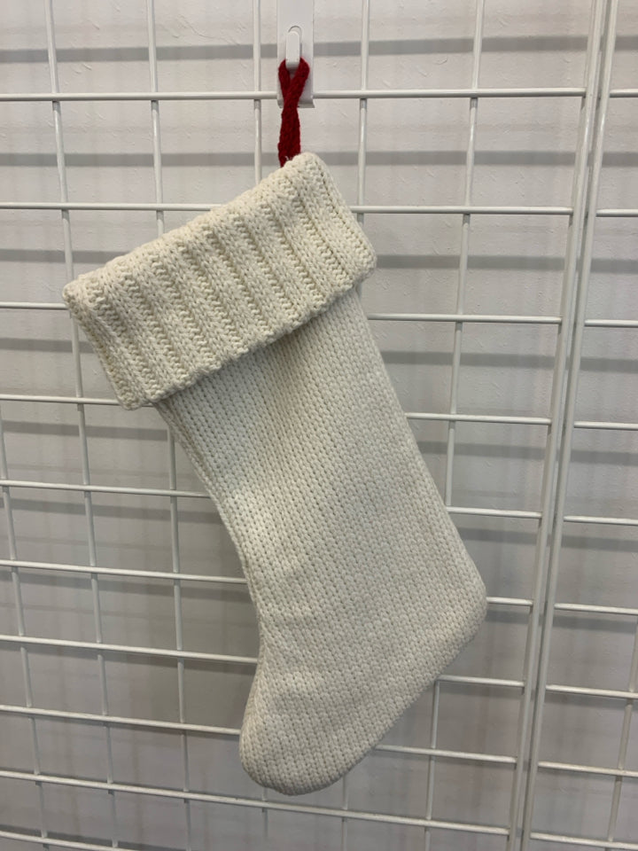 WHITE KNIT STOCKING W/ RED MONOGRAM A.