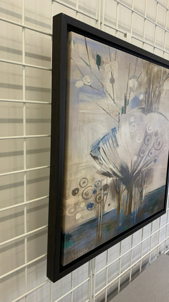 BROWN TEAL ABSTRACT CANVAS IN BLACK WOOD FRAME.