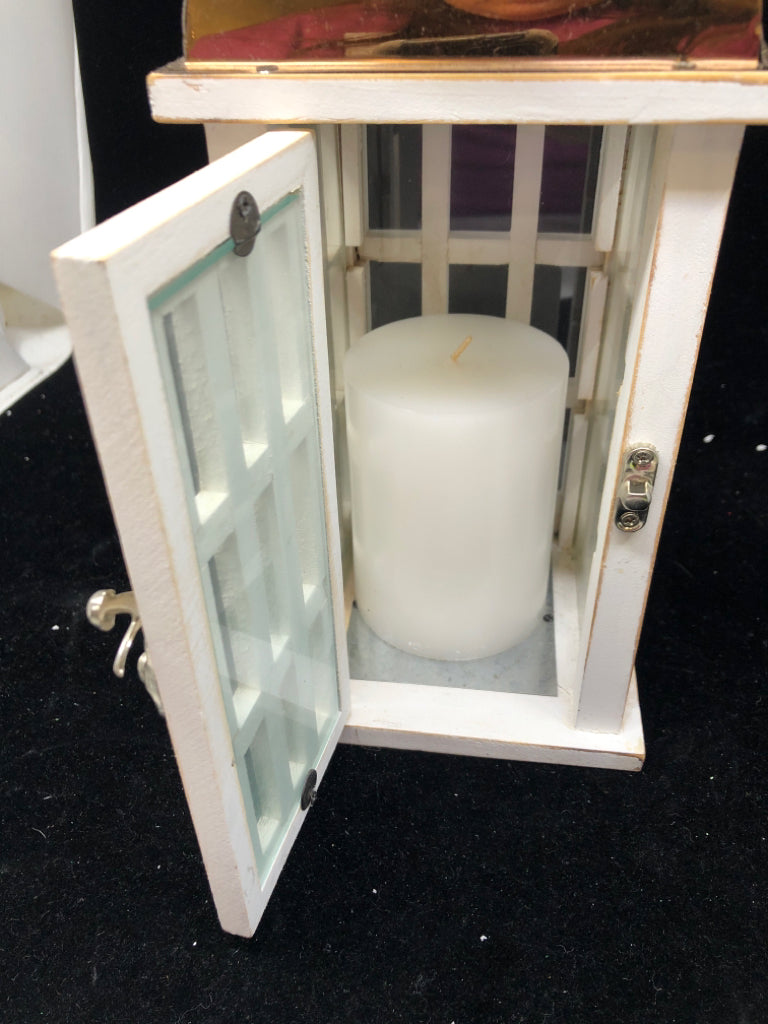 WHITE DISTRESSED LANTERN W/ COPPER ROOF LEATHER HANDLE.