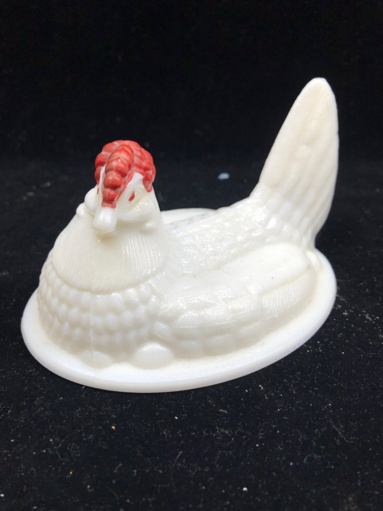 VTG MILK GLASS HEN IN BASKET.