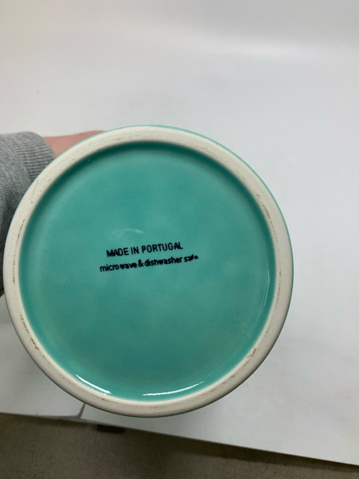 CERAMIC TURQUOISE RIBBED CROCK MADE IN PORTUGAL.