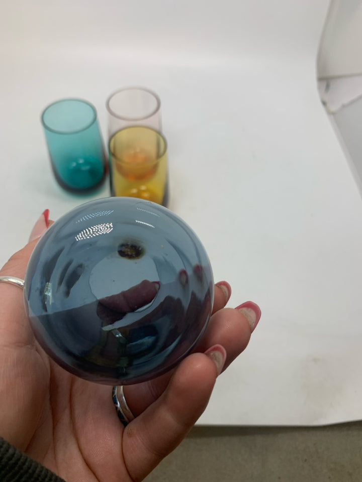 4 SHORT ASSORTED COLORS STEMLESS CORDIAL GLASSES.