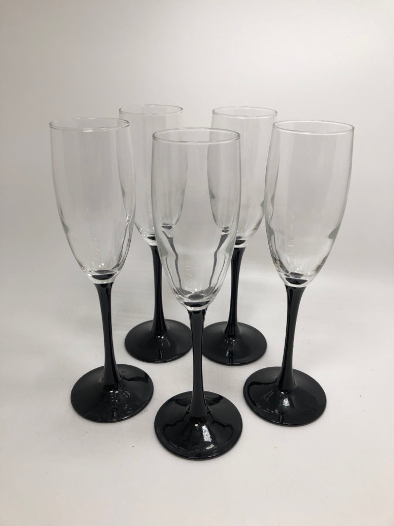 5 BLACK STEMMED FLUTES MADE IN FRANCE.