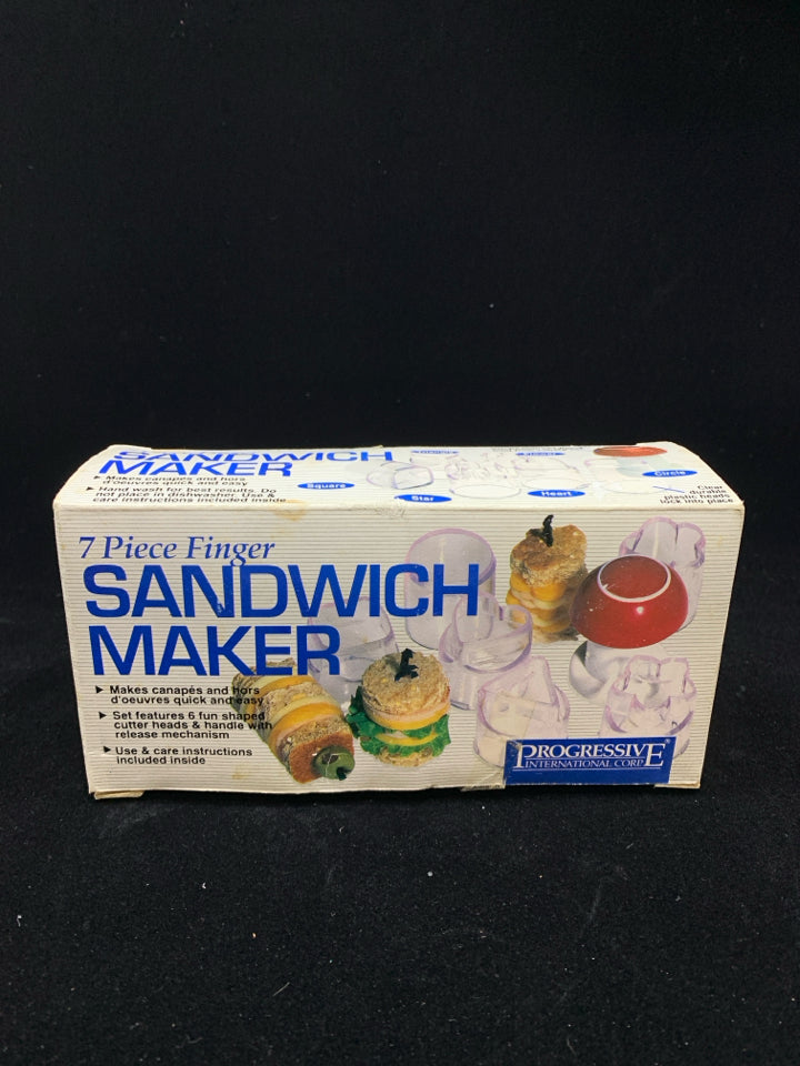 NIB 7PC FINGER SANDWICH MAKER KIT.